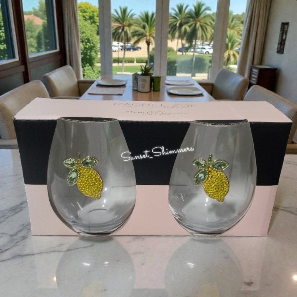 2pc Rachel Zoe Lemon Jeweled Rhinestone Stemless Wine Glass Cocktail Set NEW - Picture 2 of 8